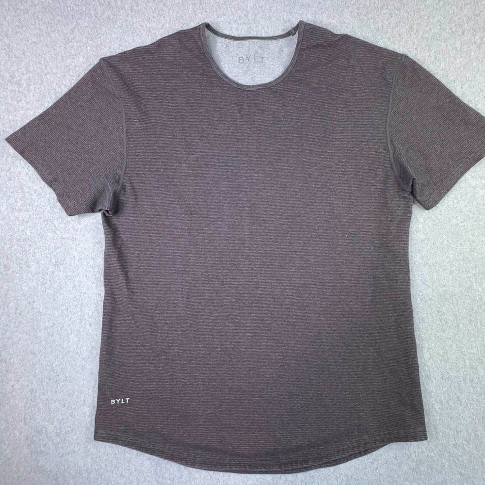 BYLT Drop‎ Cut Lux T-Shirt Mens S Short Sleeve Crewneck MicroStripe Gray Red